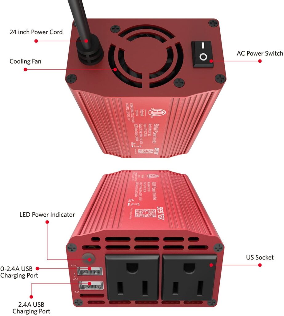 Инвертор мощности BESTEK 300 Вт постоянного тока от 12 В до 110 В переменного тока Автомобильный инвертор -- (лучший инвертор мощности для автомобиля)